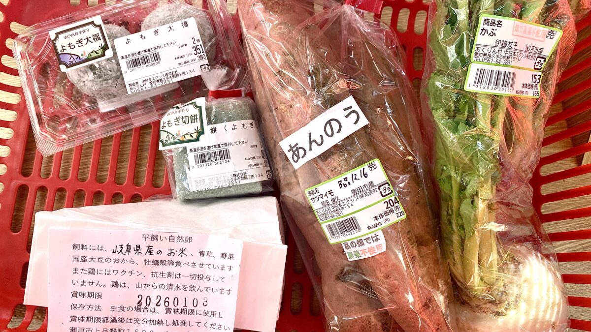 あぐりん村で購入したよもぎ大福、よもぎ切餅、無農薬安納芋、無農薬かぶ、平飼い卵